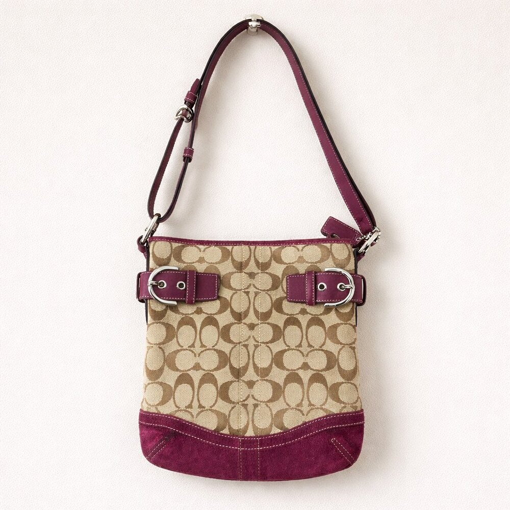 Coach Tan Signature Canvas Shoulder Bag with Plum Trim